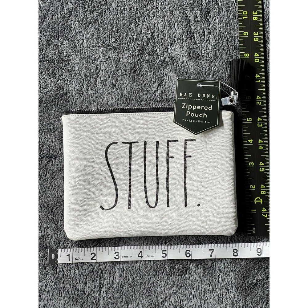 Rae Dunn STUFF Pouch PVC Cosmetic Zipper Bag Travel 7.55x5.5 White - Picture 2 of 7